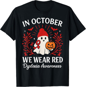 in October We Wear Red Dyslexia Awareness Halloween Ghost T-Shirt - T-Shirt | Black