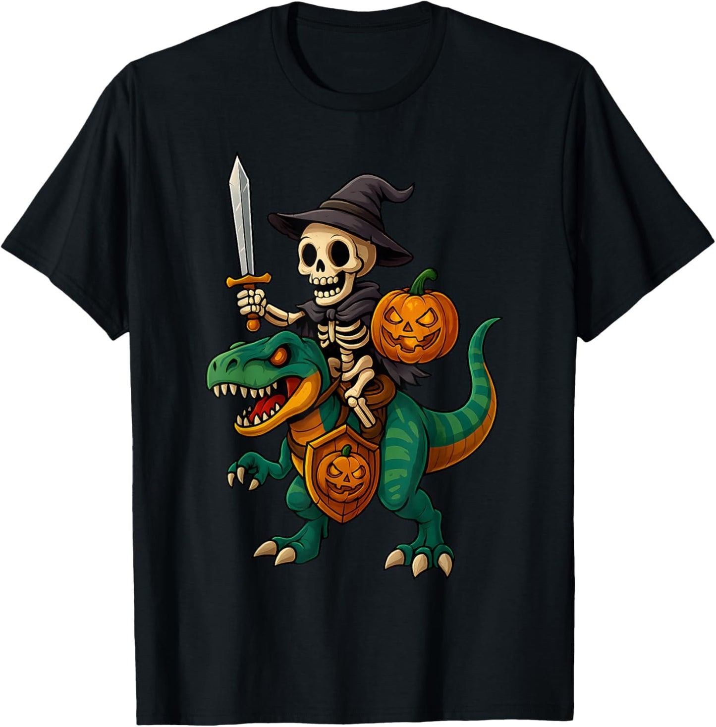 Funny Skeleton Riding T Rex with Sword and Pumpkin Halloween T-Shirt - T-Shirt | Black