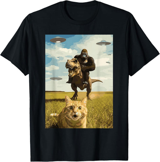 Cat Bigfoot On Dino UFO Selfie Funny Sasquatch Trex Meme Kid T-Shirt - T-Shirt | Black