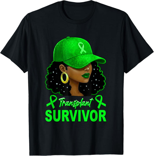 Transplant Survivor Kidney Recipient Green Ribbon Afro Woman T-Shirt - T-Shirt | Black