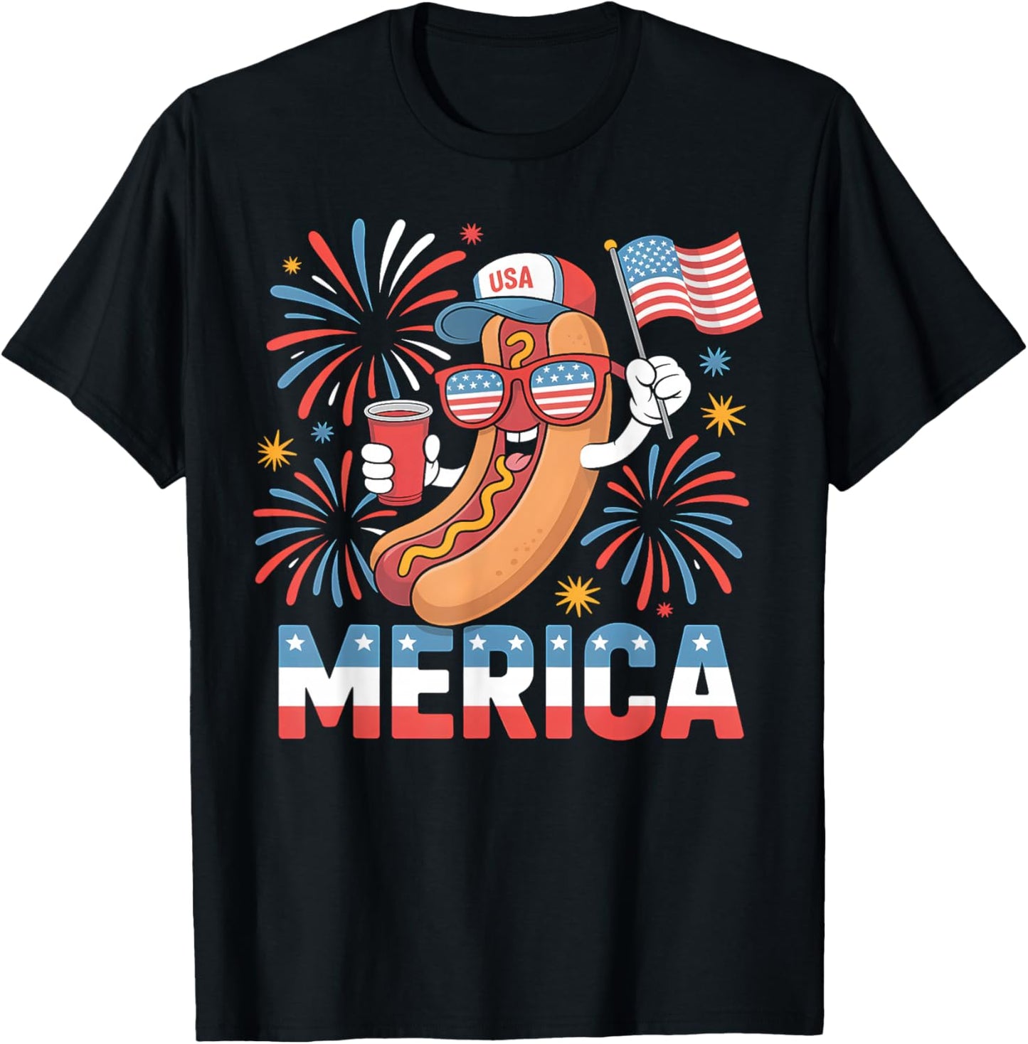 Funny Patriotic Hotdog 'Merica Style 4th of July BBQ Humor T-Shirt - T-Shirt | Black