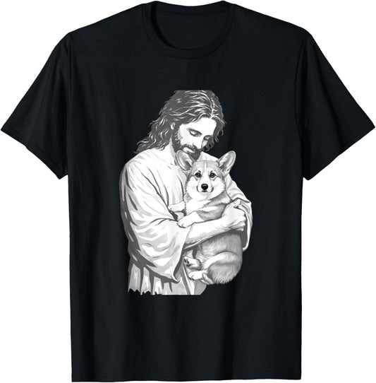 Funny Jesus Holding Corgi Dog Christian Pet Lover Graphic T-Shirt - T-Shirt | Black