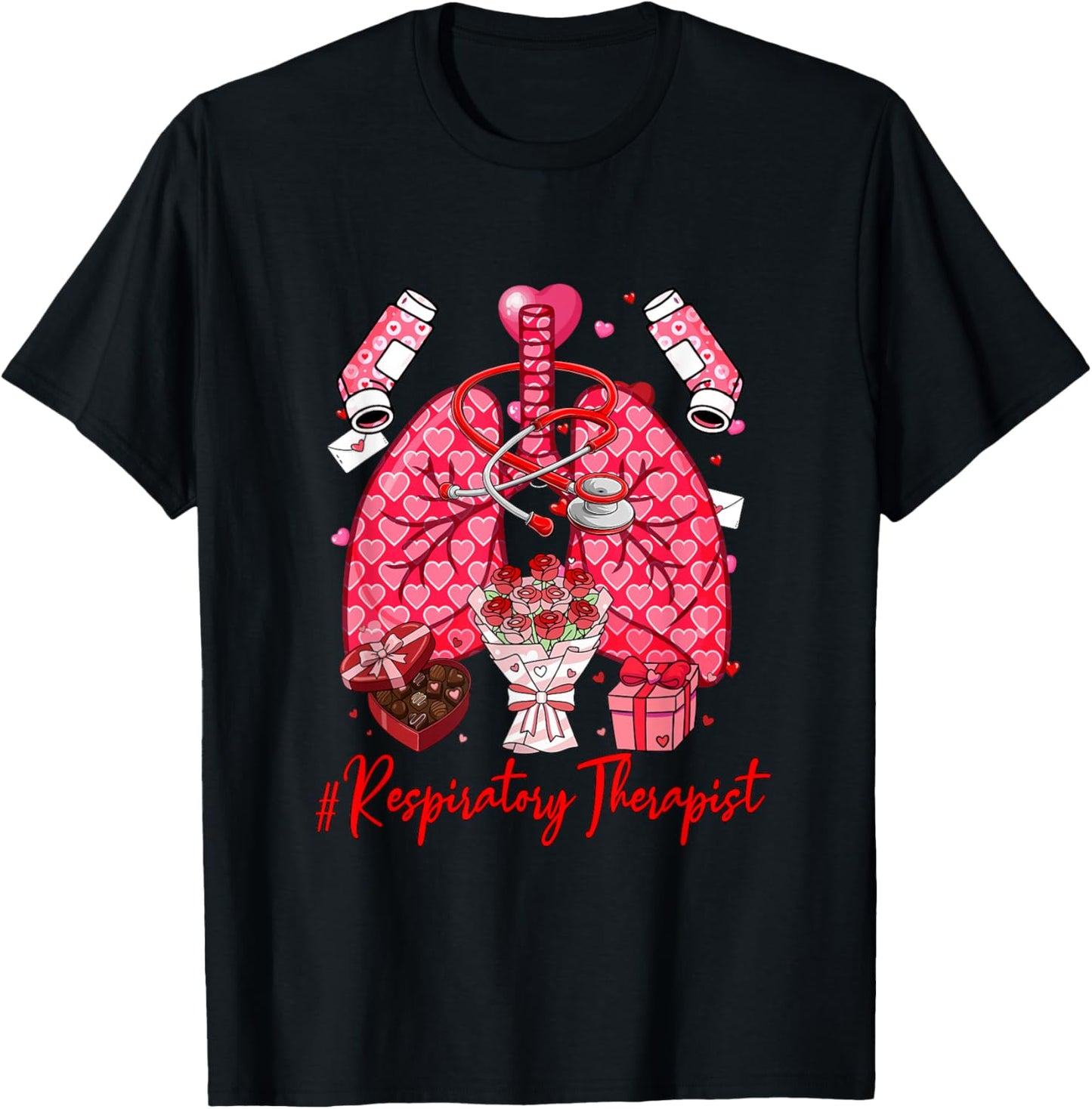 Respiratory Therapist Tools Hearts Flowers Valentine Single T-Shirt - T-Shirt | Black