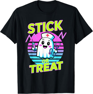Halloween Stick Or Treat Ghost Nurse T-Shirt - T-Shirt | Black