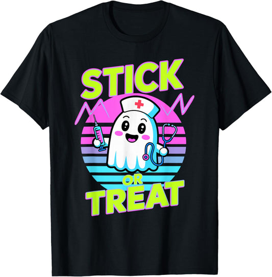 Halloween Stick Or Treat Ghost Nurse T-Shirt - T-Shirt | Black