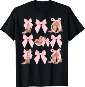 Western Coquette Cowgirl Pink Bows Boots Hats Y2K T-Shirt - T-Shirt | Black
