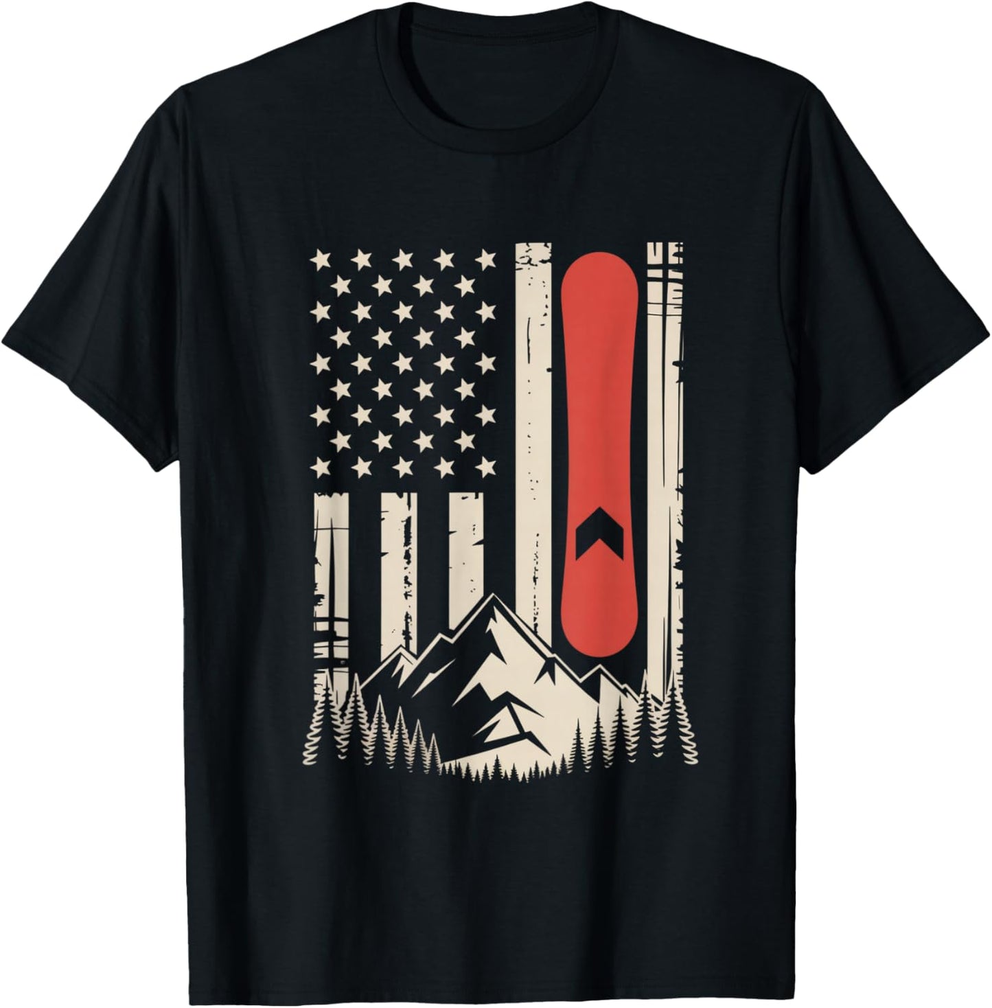 Vintage Snowboard Mountain American Flag Design T-Shirt - T-Shirt | Black