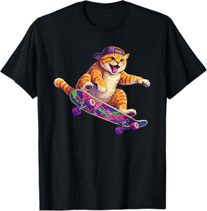 Funny Cat On A Skateboard Skateboarding T-Shirt - T-Shirt | Black