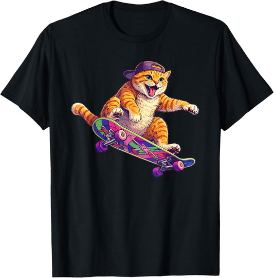 Funny Cat On A Skateboard Skateboarding T-Shirt - T-Shirt | Black