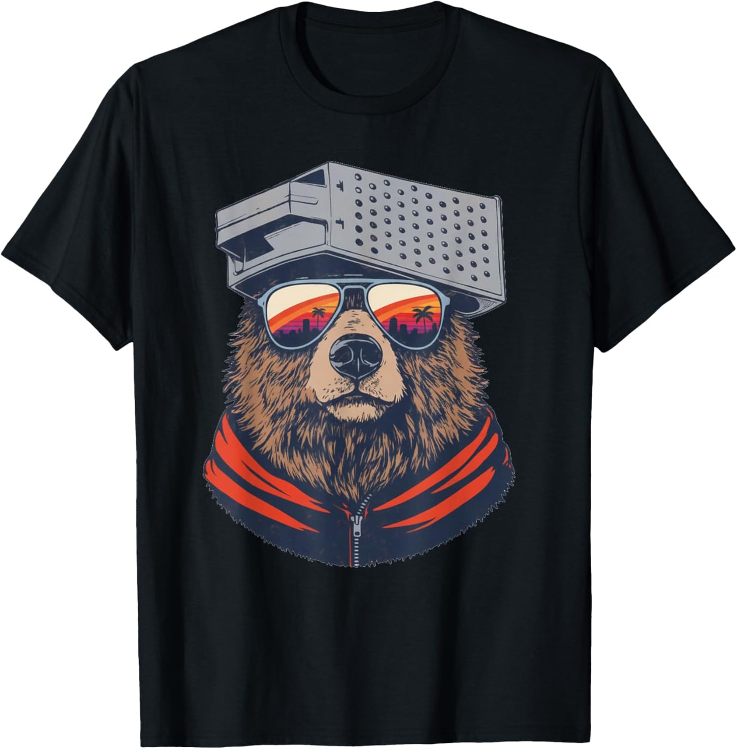Retro Bear with Cheese Grater Hat and Sunglasses Sunset Art T-Shirt - T-Shirt | Black