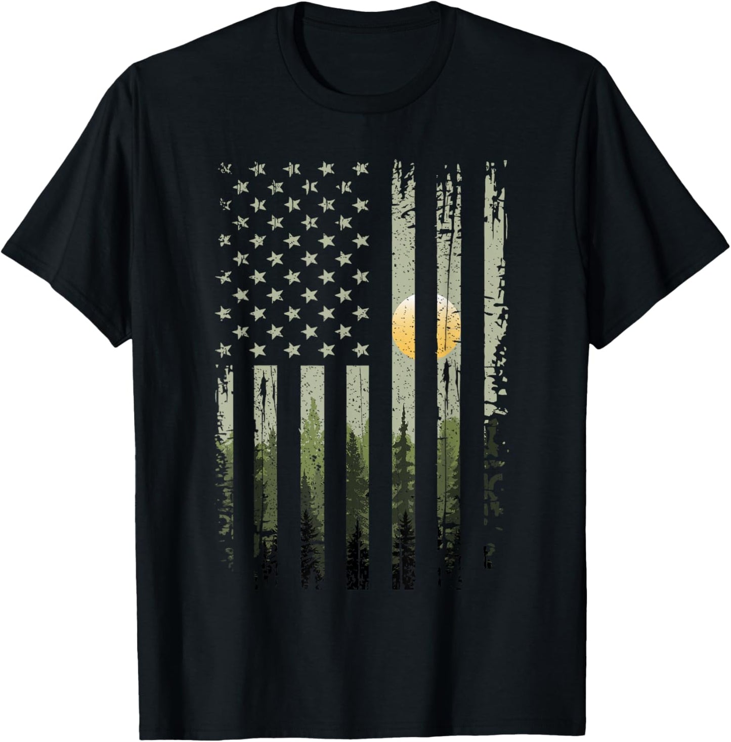 Outdoor Trees Forest American Flag T-Shirt - T-Shirt | Black