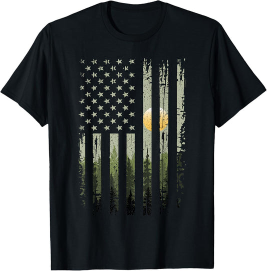 Outdoor Trees Forest American Flag T-Shirt - T-Shirt | Black