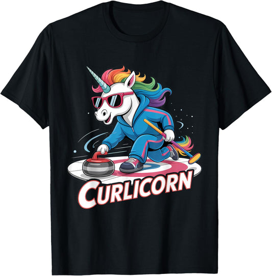 Curling Unicorn Ice Curling Player Ice Sport Funny Curling T-Shirt - T-Shirt | Black