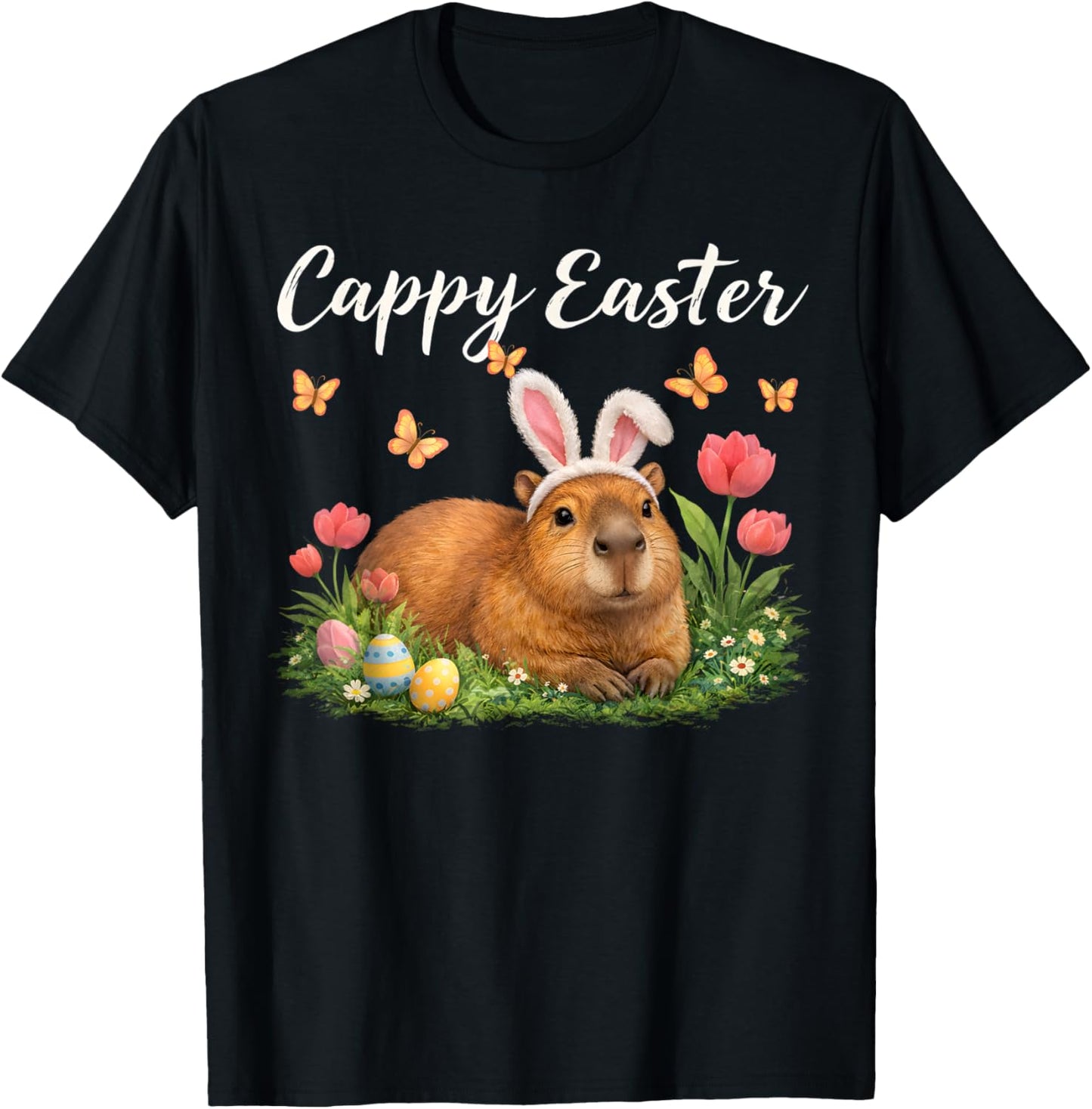 Funny Cappy Easter Capybara Easter Bunny Men Women Kids T-Shirt - T-Shirt | Black
