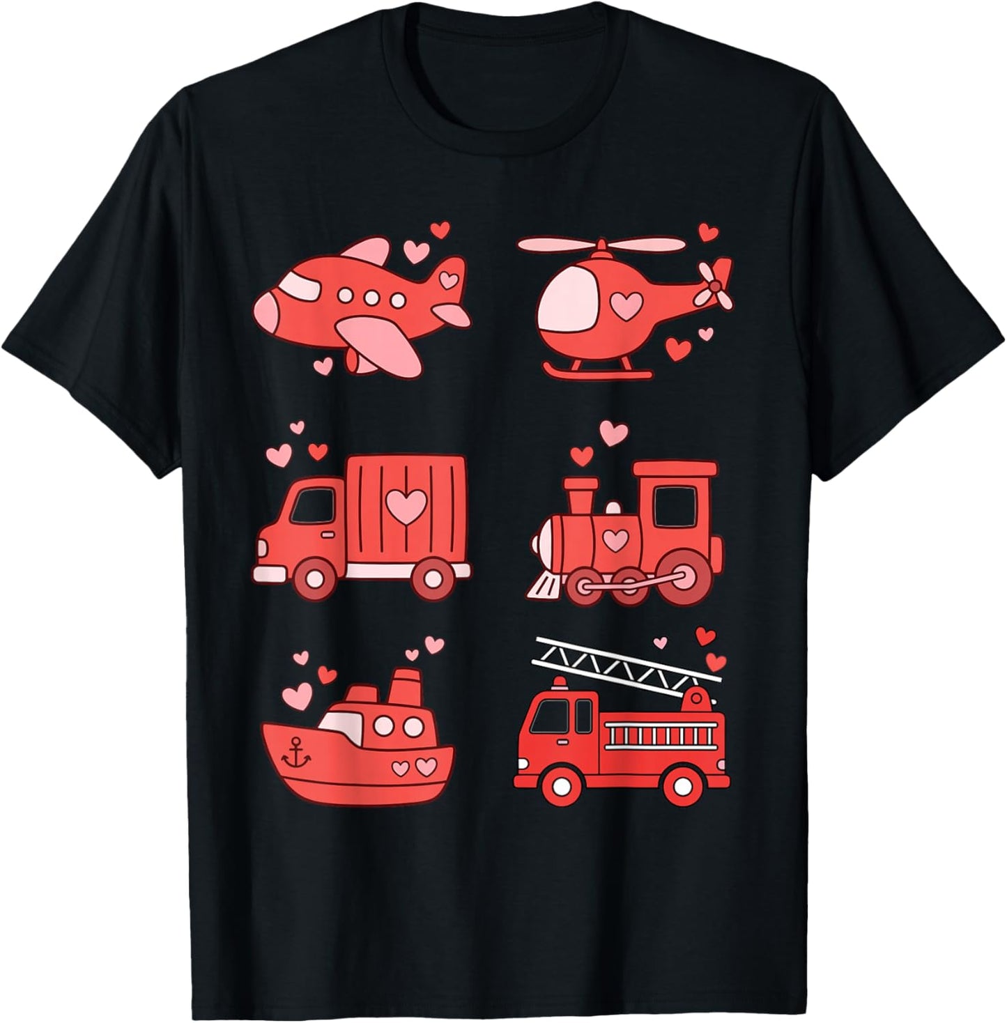 Different Vehicles Fire Truck Airplane Train Valentines T-Shirt - T-Shirt | Black