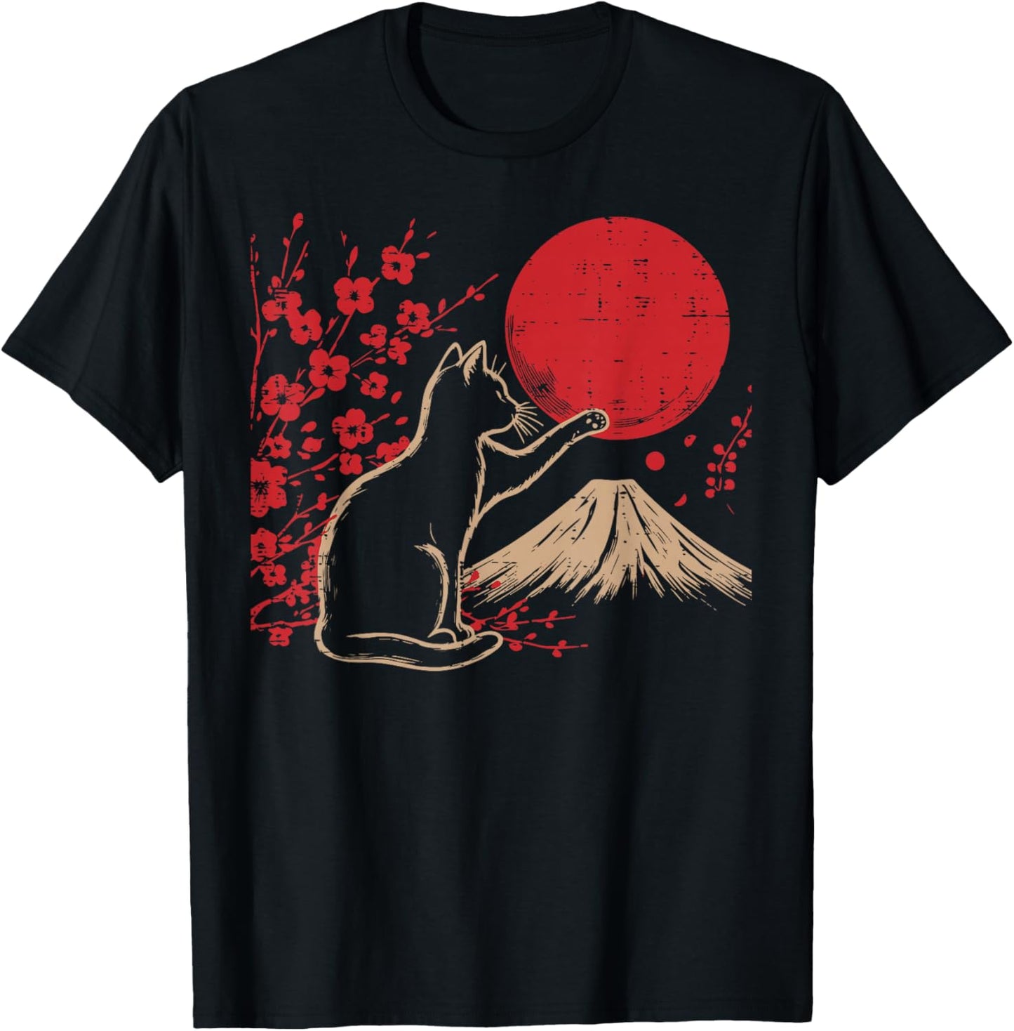 Japanese Cat Cherry Blossom Mountain Sun Art Women Men Kids T-Shirt - T-Shirt | Black