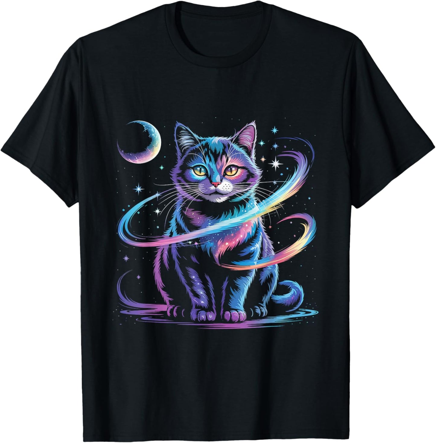 Mystical Space Cosmic Cat - Galaxy Kitten Graphic T-Shirt - T-Shirt | Black
