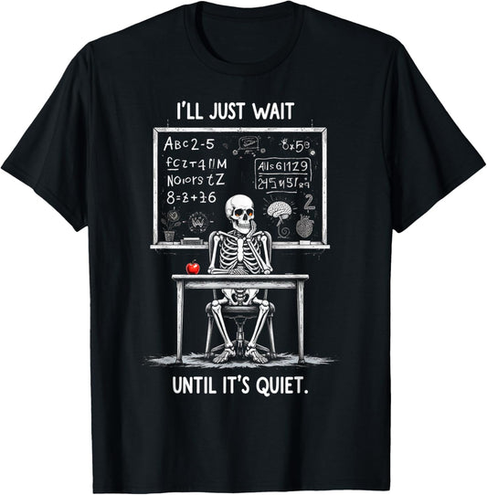 Halloween 2025 Funny Quiet Skeleton Teacher Cute Fall Lovers T-Shirt - T-Shirt | Black