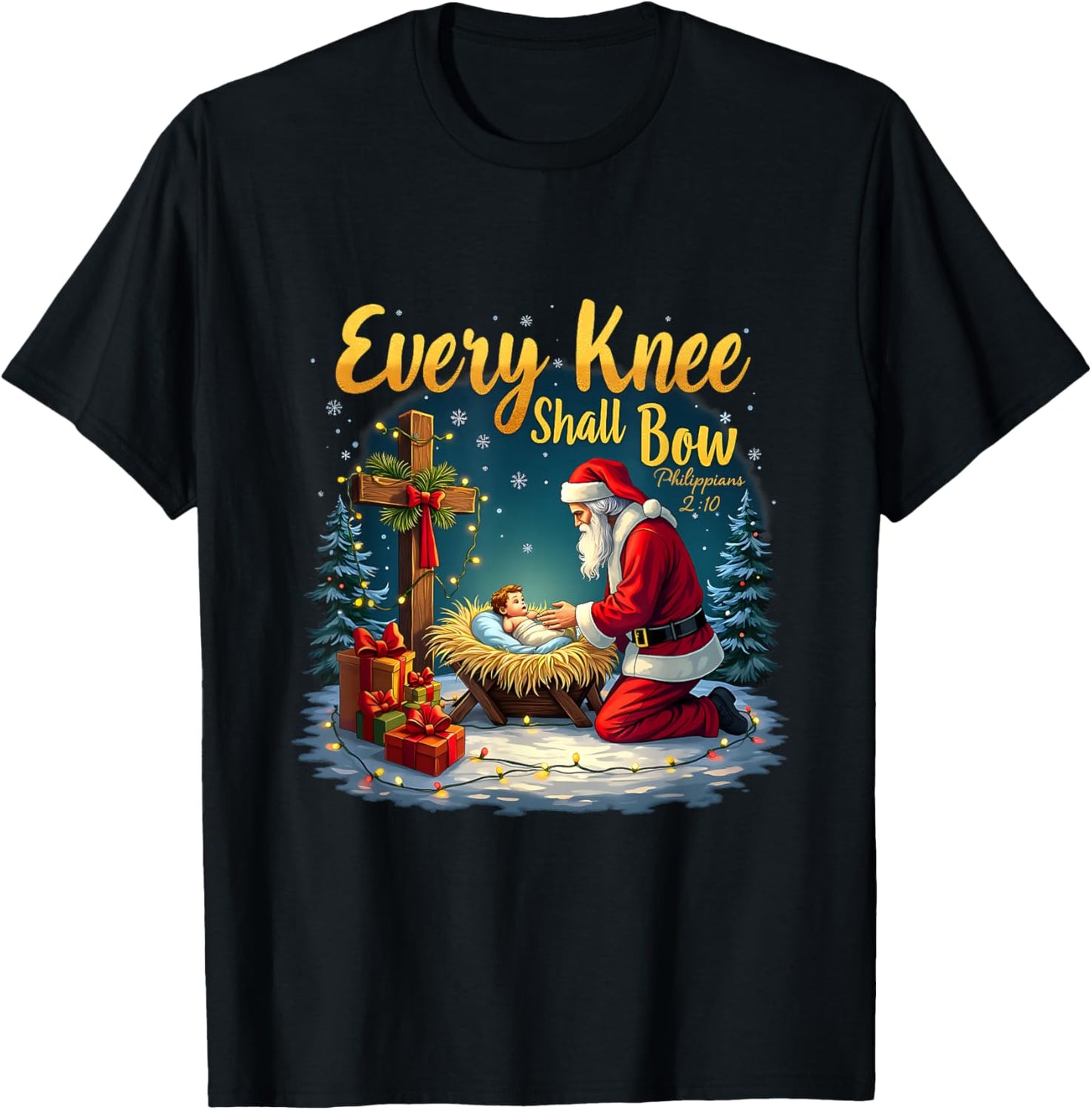 Christmas Nativity Scene Xmas Every Knee Shall Bow Santa T-Shirt - T-Shirt | Black