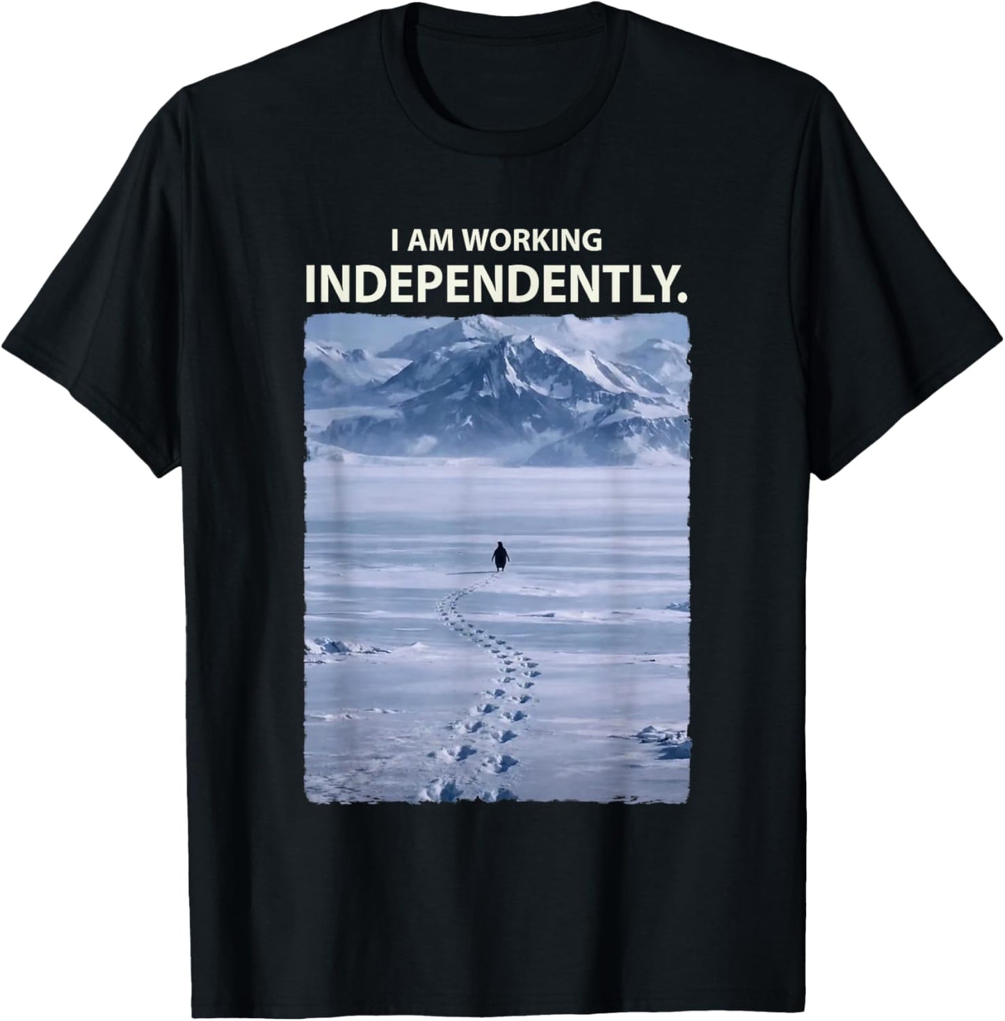 Lone Penguin Walking Toward Mountain Meme T-Shirt - T-Shirt | Black