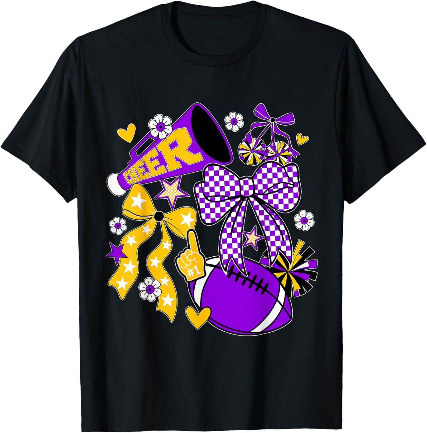 Purple Gold Cheerleader Game Day Football Cheer Mom Sister T-Shirt - T-Shirt | Black