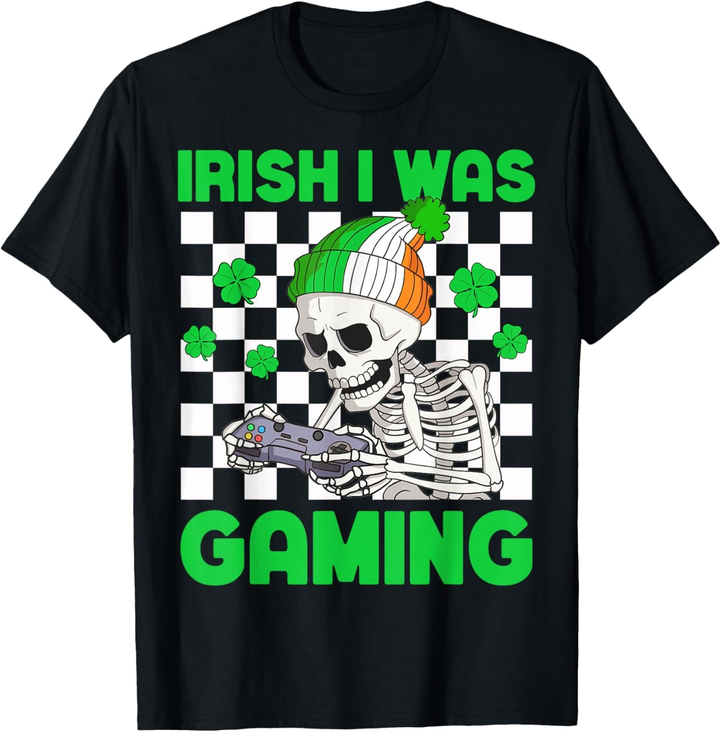 Irish I was Gaming Boys St Patricks Day Skeleton Gamer T-Shirt - T-Shirt | Black