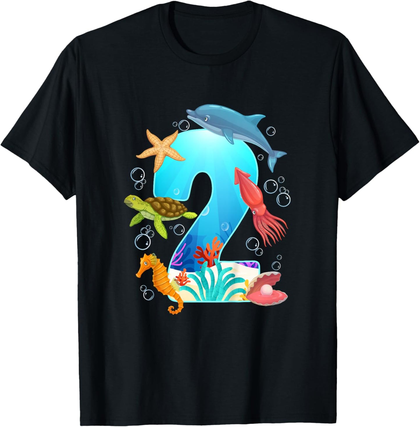 2nd Ocean Birthday Party 2 Year Old Sea Animals T-Shirt - T-Shirt | Black