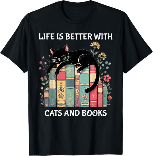 Life is Better with Cats and Books Cute Cat Lover T-Shirt - T-Shirt | Black