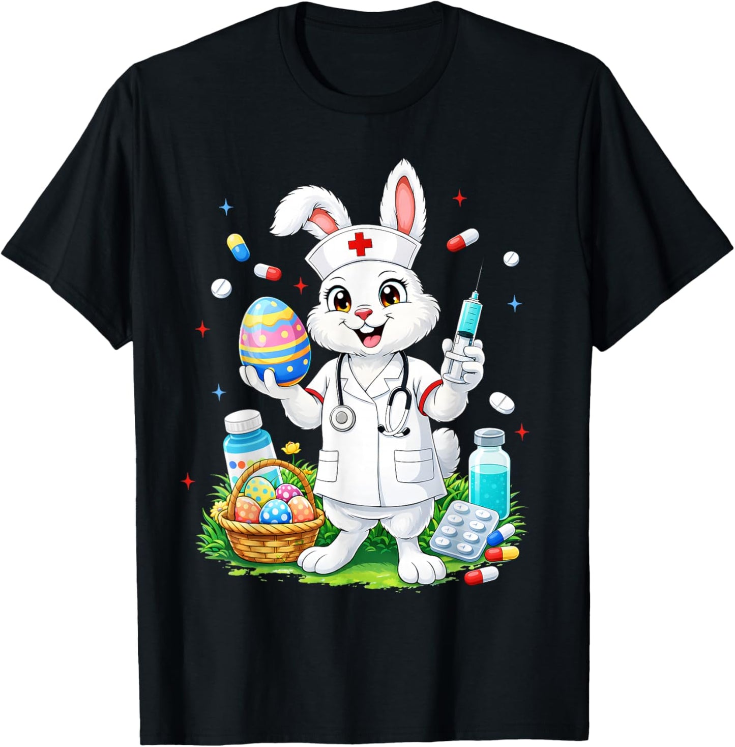 Cute Rabbit Bunny RN CNA ICU Easter Nurse Men Women T-Shirt - T-Shirt | Black