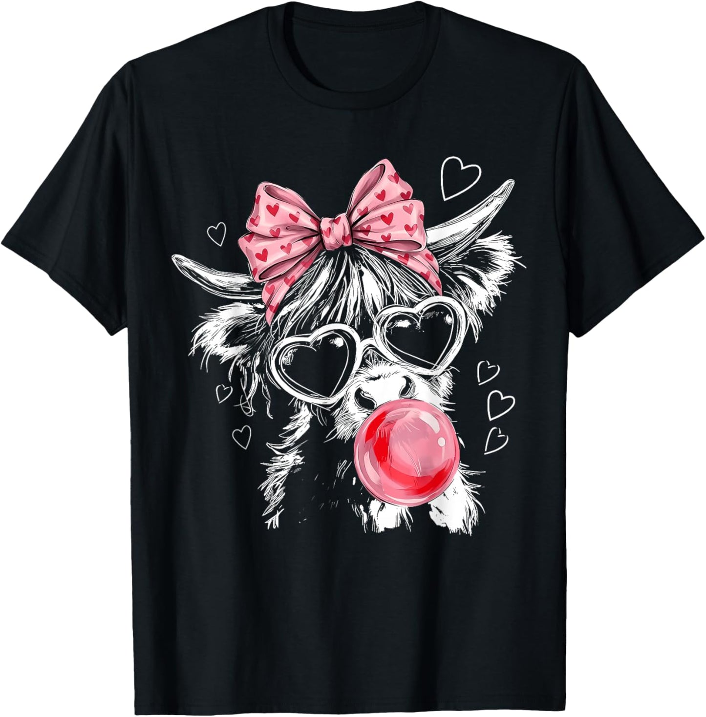Cute Highland Cow Pink Bow Coquette Red Heart Valentine T-Shirt - T-Shirt | Black