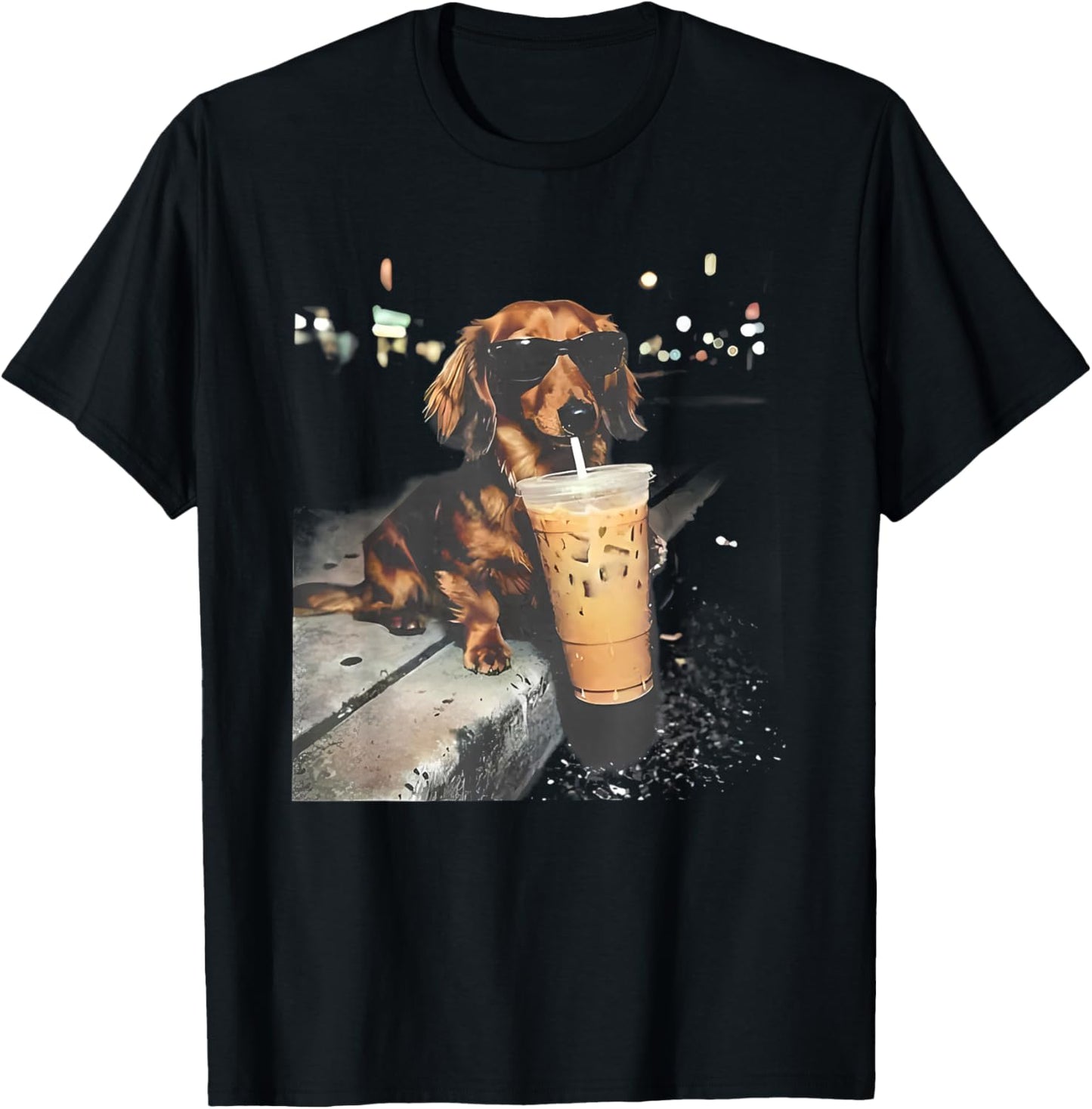 Funny Dachshund Drinking iced Coffee T-Shirt - T-Shirt | Black