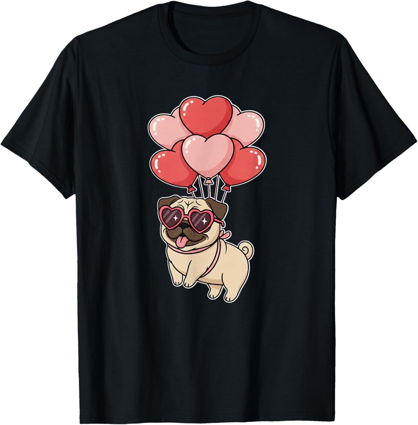 Girls Women Valentines Day Heart Balloons Tan Fawn Pug Lover T-Shirt - T-Shirt | Black