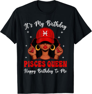 Pisces Queen Afro Women Red Cap Black Girl Birthday T-Shirt - T-Shirt | Black