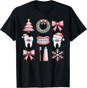 Bow Christmas Orthodontist Braces Teeth Dental Orthodontic T-Shirt - T-Shirt | Black