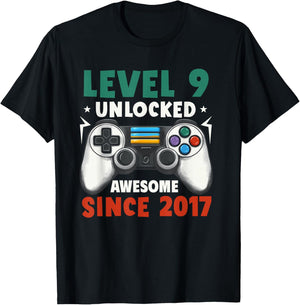 Level 9 Unlocked Awesome Since 2017 9th Birthday Gaming T-Shirt - T-Shirt | Black
