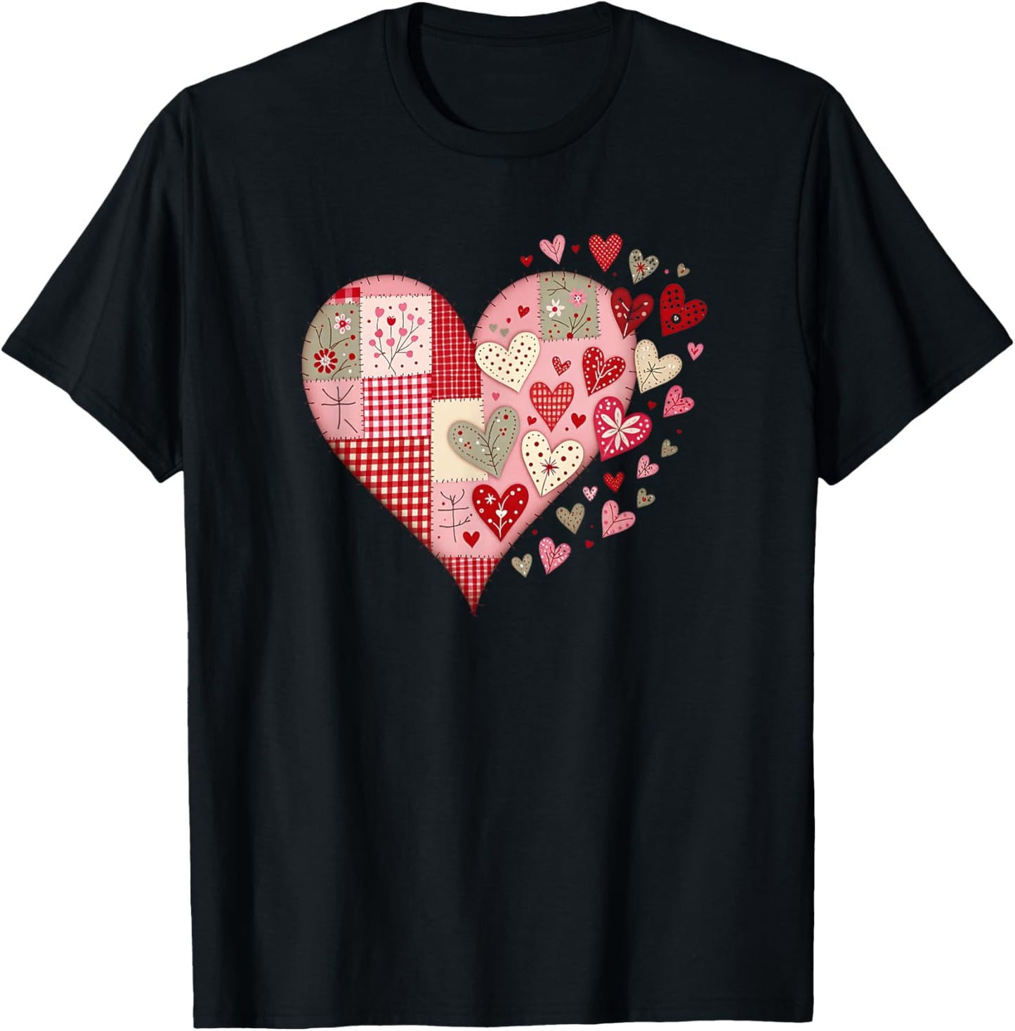 Heart Faux Patchwork Valentines Day Love Big Graphic Quilt T-Shirt - T-Shirt | Black