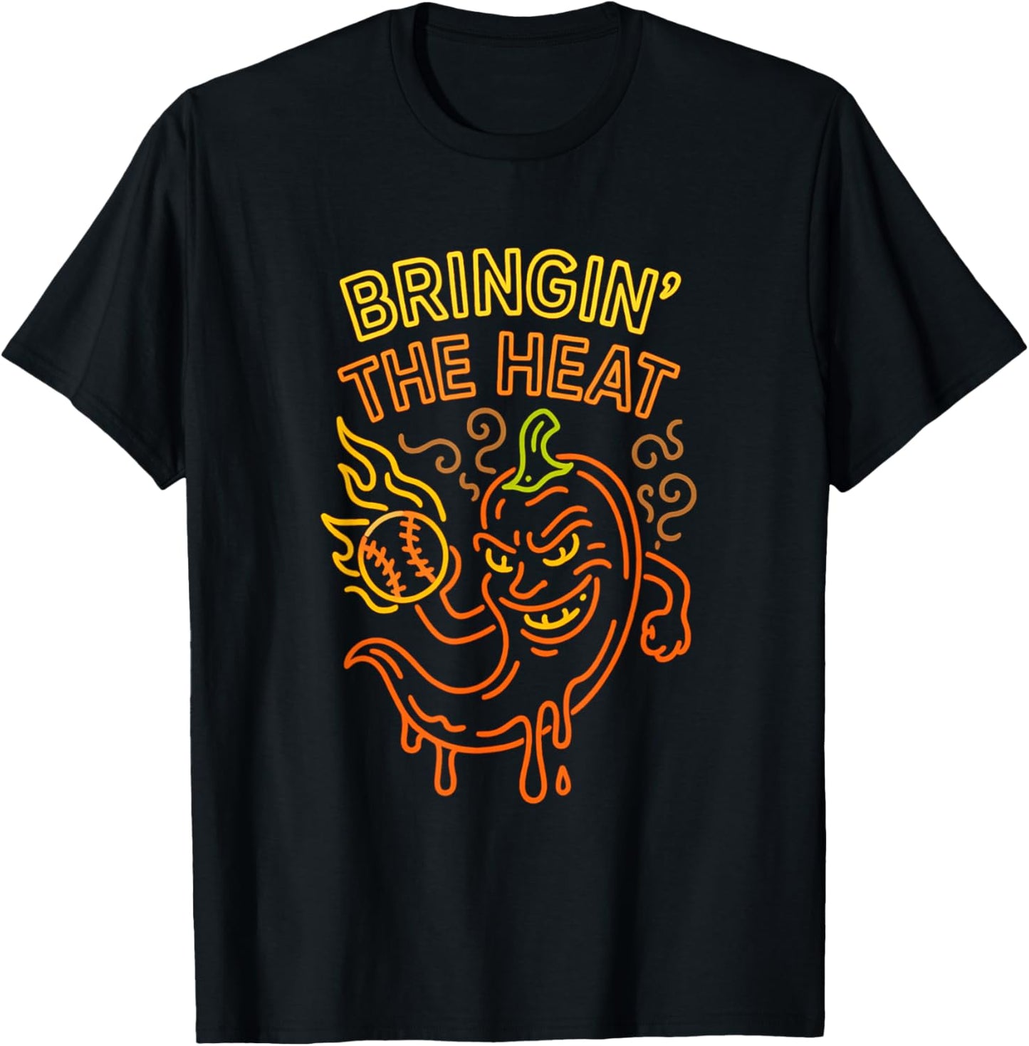 Baseball Pitcher Flame Bringin' The Heat Pepper Chili Meme T-Shirt - T-Shirt | Black