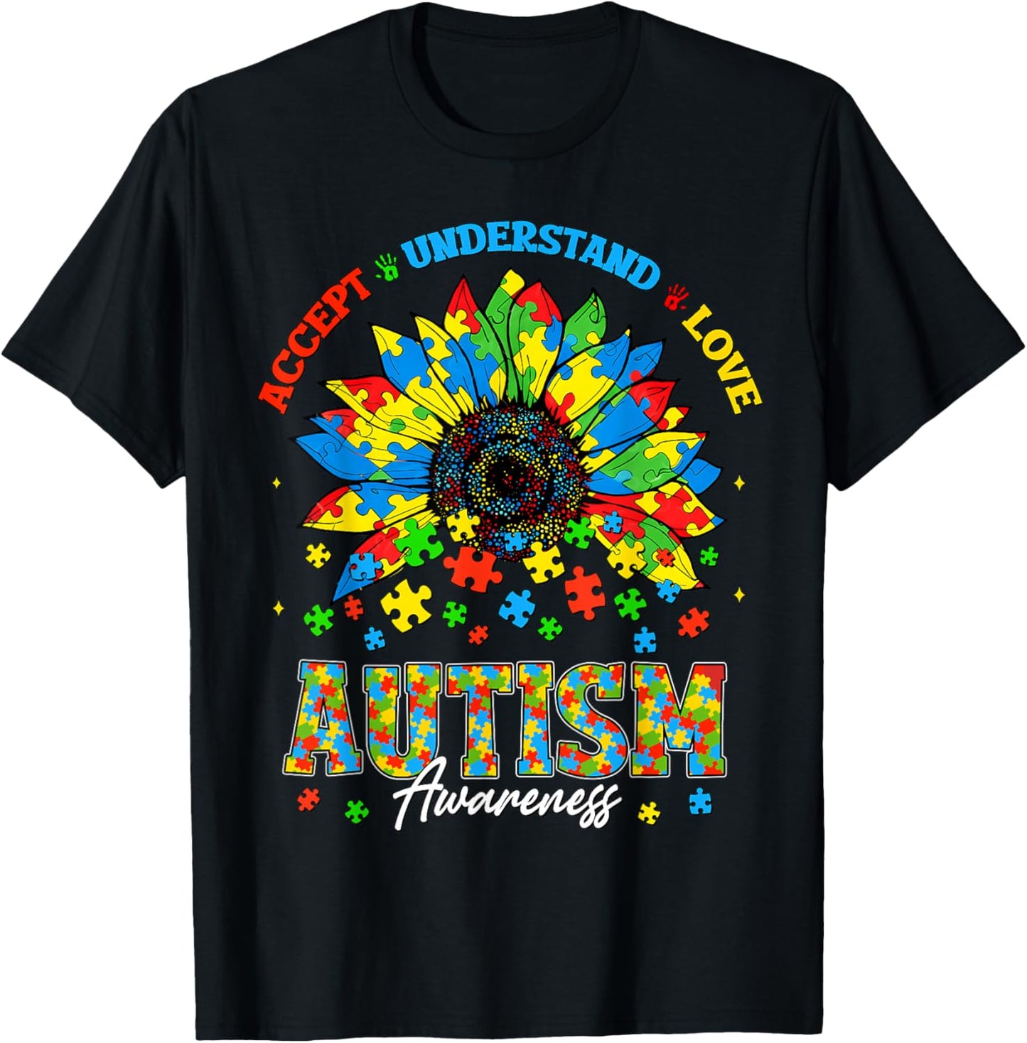 Accept Understand Autism Awareness Sunflower Men Women Kids T-Shirt - T-Shirt | Black