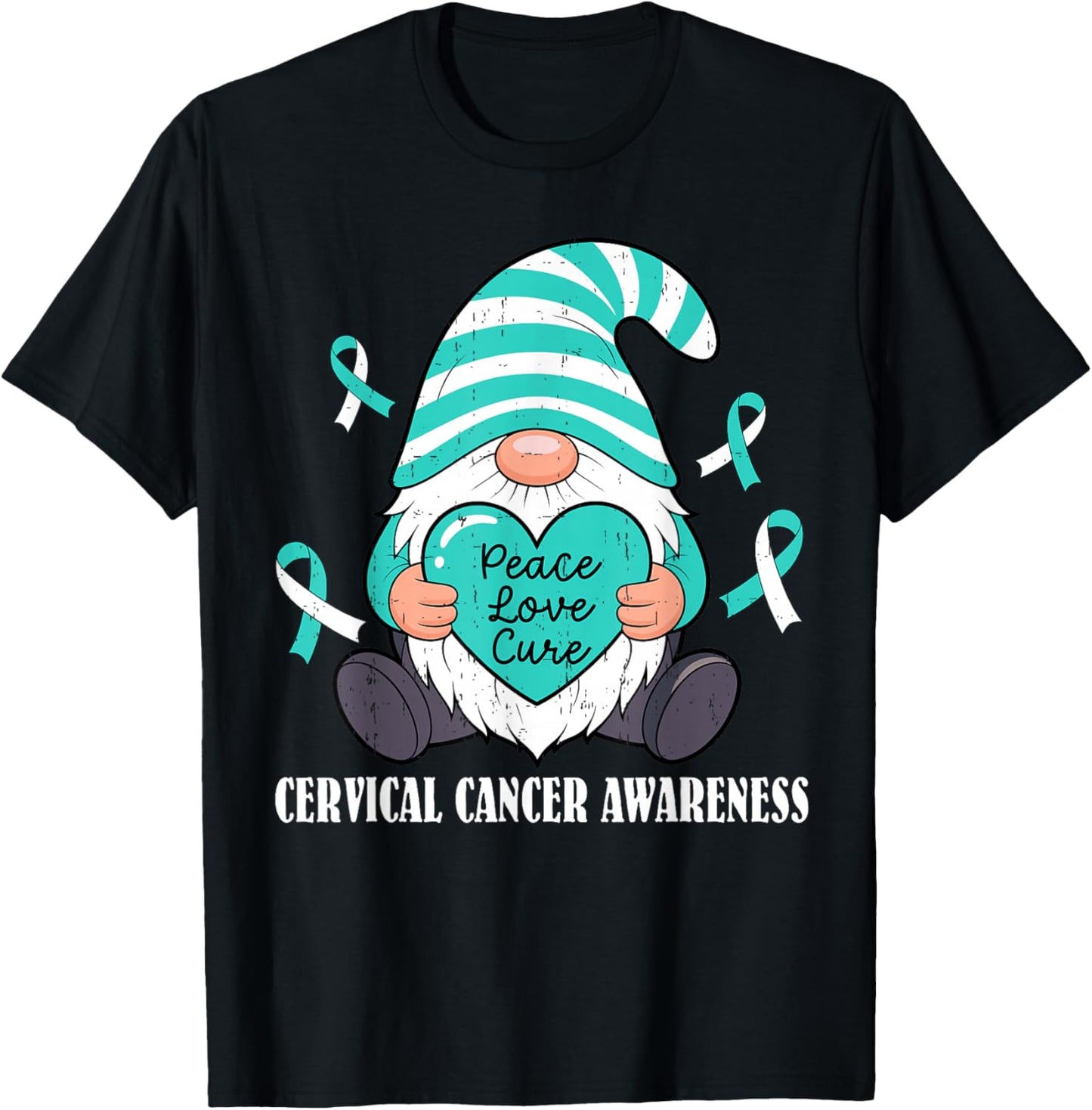 Cute Gnome Ribbon Peace Love Cervical Cancer Awareness Women T-Shirt - T-Shirt | Black