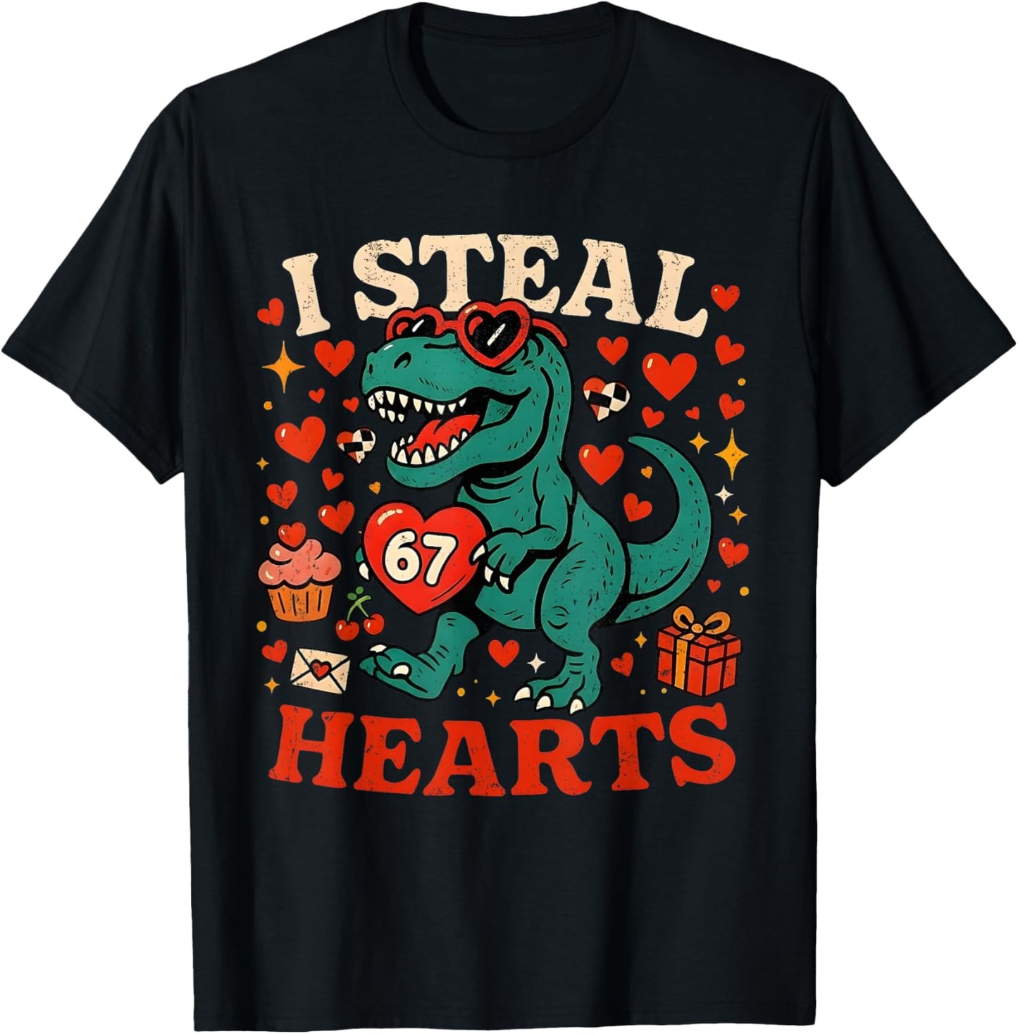 I Steal Hearts 67 Funny Valentine T-rex Dinosaur Meme T-Shirt - T-Shirt | Black