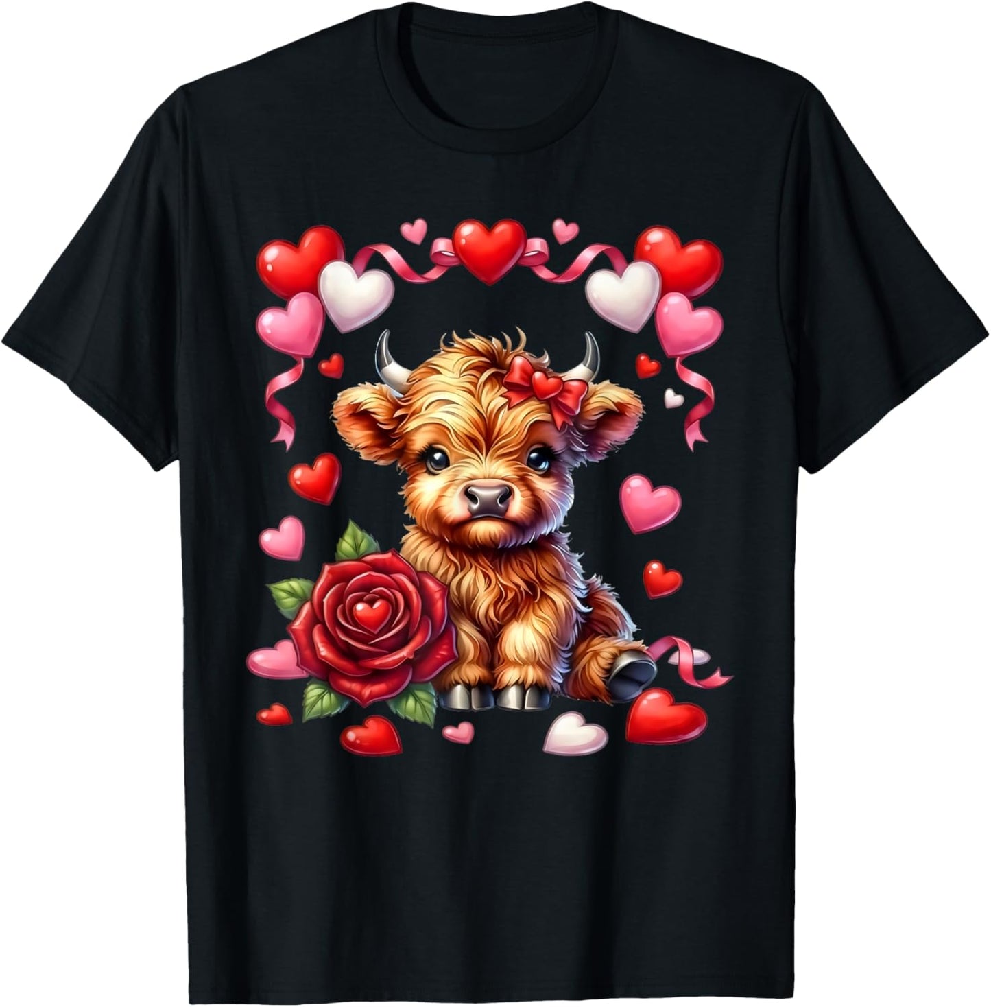 Cute Kawaii Highland Cow Heart Coquette Bow Valentines Day T-Shirt - T-Shirt | Black