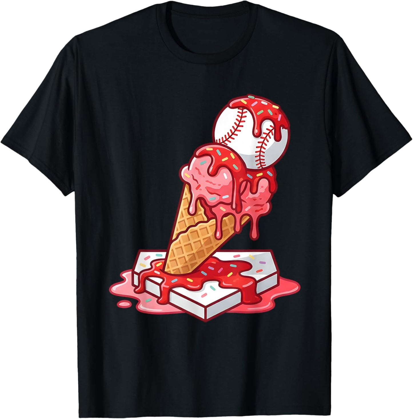 Baseball Ice Cream Drip Youth Strawberry Baseball Red T-Shirt - T-Shirt | Black