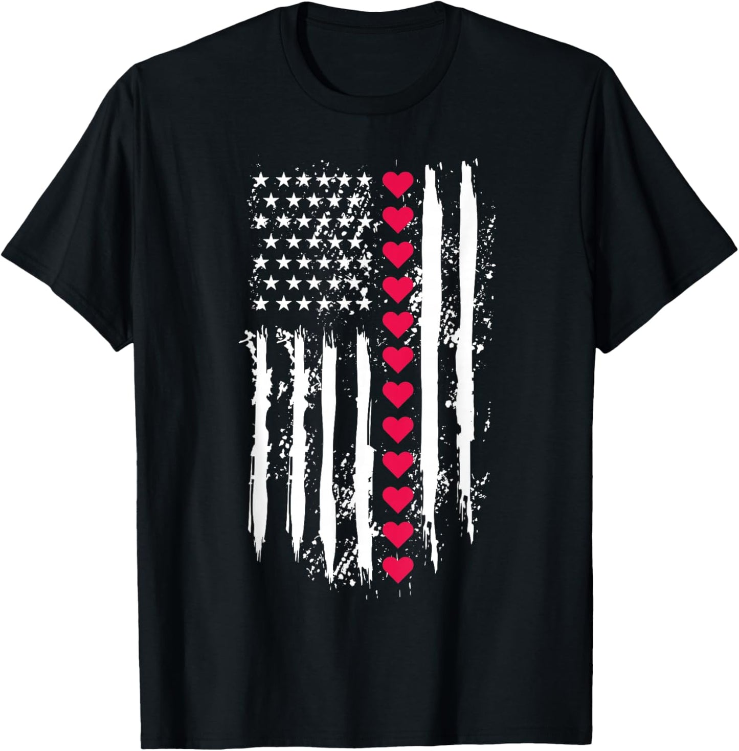 Valentines Red Hearts US American Flag Patriotic Lover T-Shirt - T-Shirt | Black