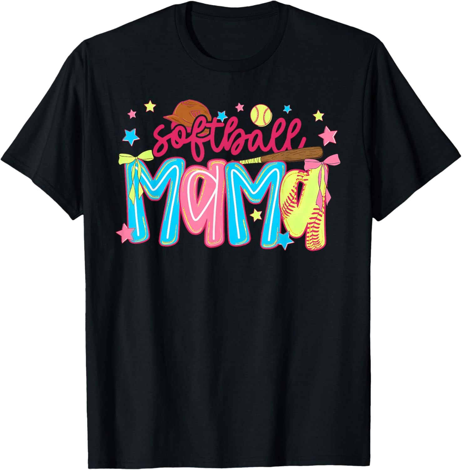 Softball Mama Preppy Coquette Bow Stars Game Day Mom Mother T-Shirt - T-Shirt | Black