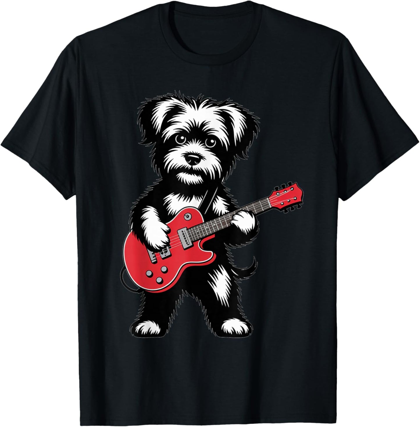 Cute Rock Yorki Dog with Red Electric Guitar Puppy T-Shirt - T-Shirt | Black
