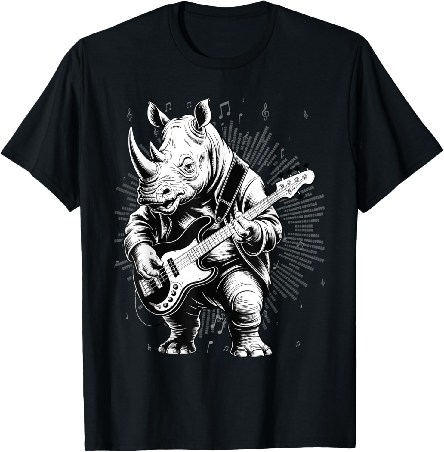 Rhino Funny Playing Bass Guitar Cute Rockin' T-Shirt - T-Shirt | Black