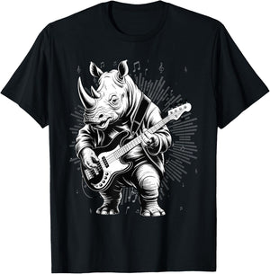 Rhino Funny Playing Bass Guitar Cute Rockin' T-Shirt - T-Shirt | Black