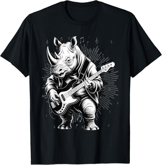 Rhino Funny Playing Bass Guitar Cute Rockin' T-Shirt - T-Shirt | Black