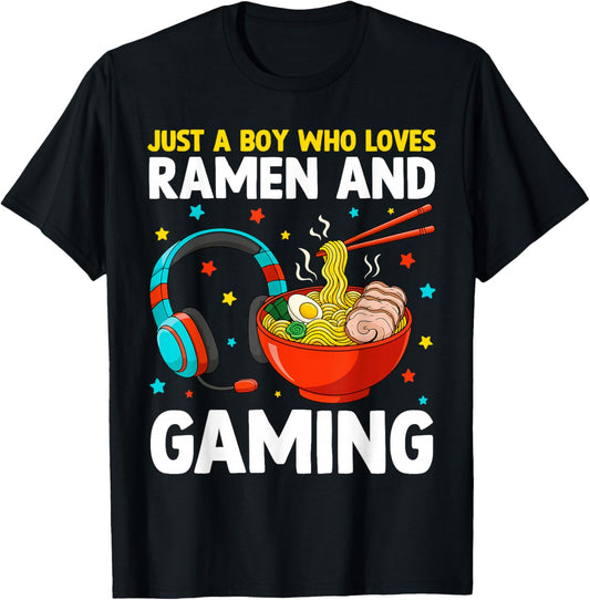 Just A Boy Who Loves Ramen and Gaming Anime Japan Noodles T-Shirt - T-Shirt | Black