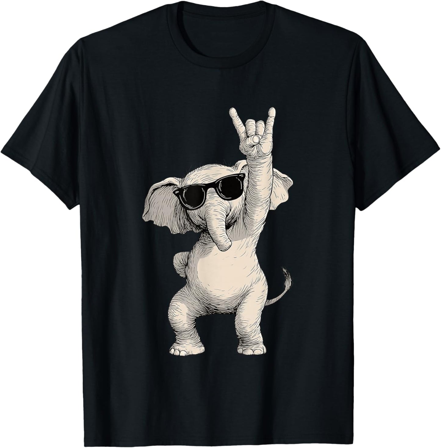 Elephant Rock On Gesture Sunglasses Fun T-Shirt - T-Shirt | Black
